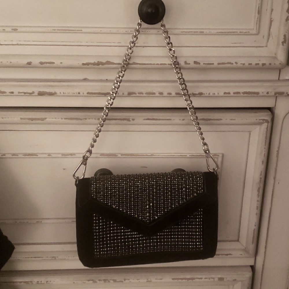 Beautiful sparkly silver and black suede shoulder purse with detachable strap
